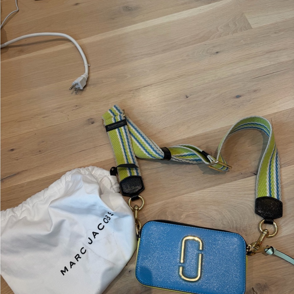 Marc Jacobs Blue Leather Camera Bag with Striped Webbing Strap